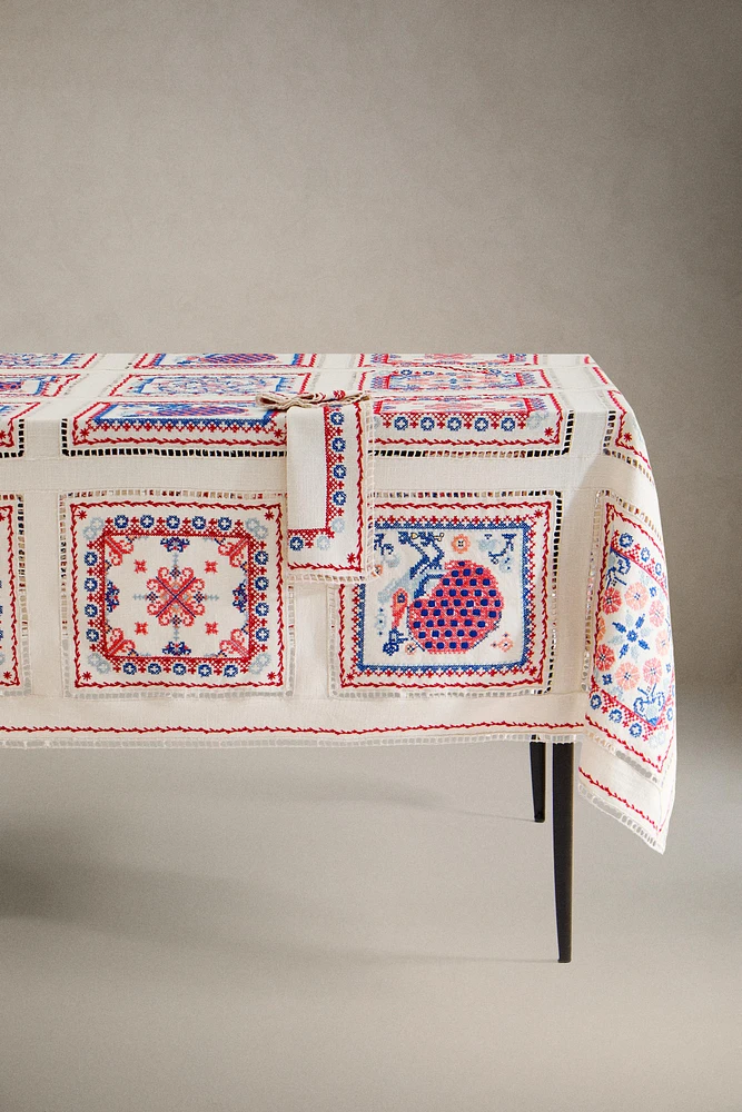 COTTON LINEN TABLECLOTH WITH EMBROIDERED CROSS-STITCH