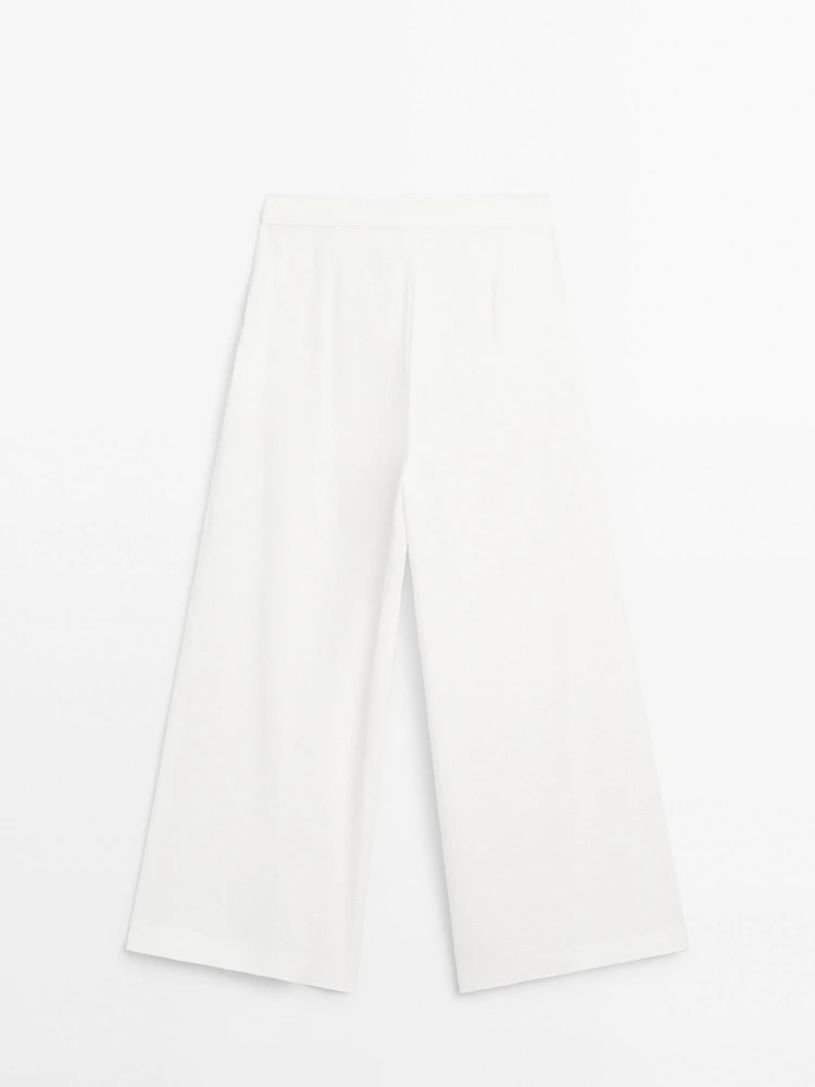 Linen blend darted palazzo trousers