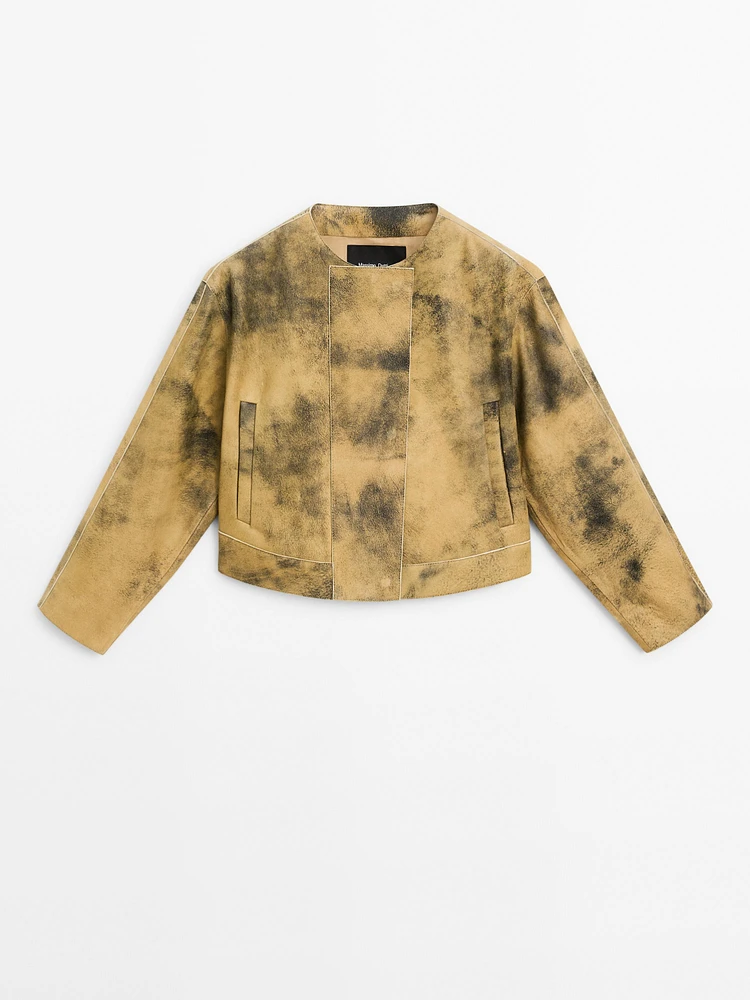 Worn effect suede leather jacket