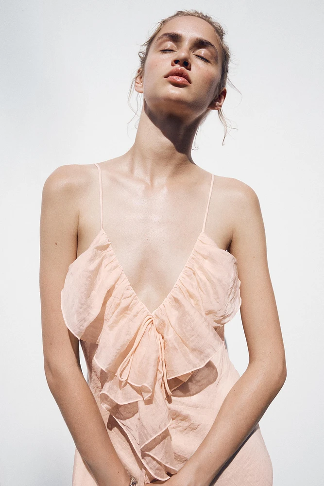 RUFFLED MIDI SLIP DRESS