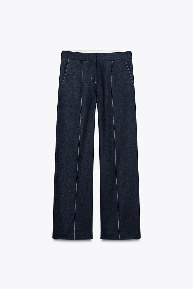 STRAIGHT FIT LINEN PANTS WITH TOPSTITCHING