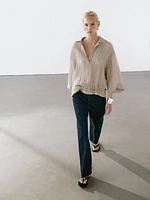 Blouse fluide col ouvert en lin mélangé