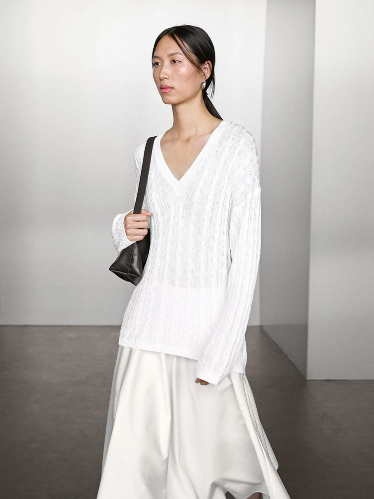 Pull coton en maille tressée ajourée