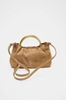 SPLIT LEATHER MINI BOWLING BAG WITH METAL HANDLE