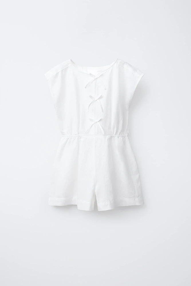 BOW DETAIL LINEN SHORT JUMPSUIT