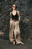 BELTED SATIN WIDE LEG PANTS