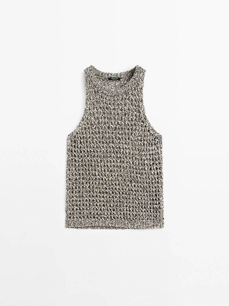 Top ajouré à encolure américaine en coton mélangé