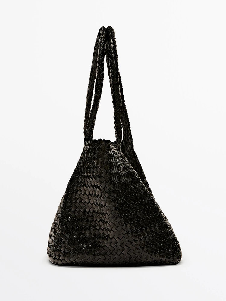 Sac mi-tote tressé en cuir nappa