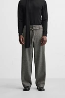 BELTED HERRINGBONE PANTS