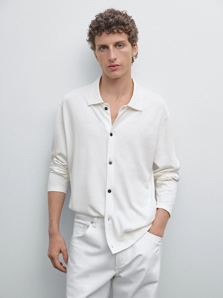Cotton blend polo collar cardigan