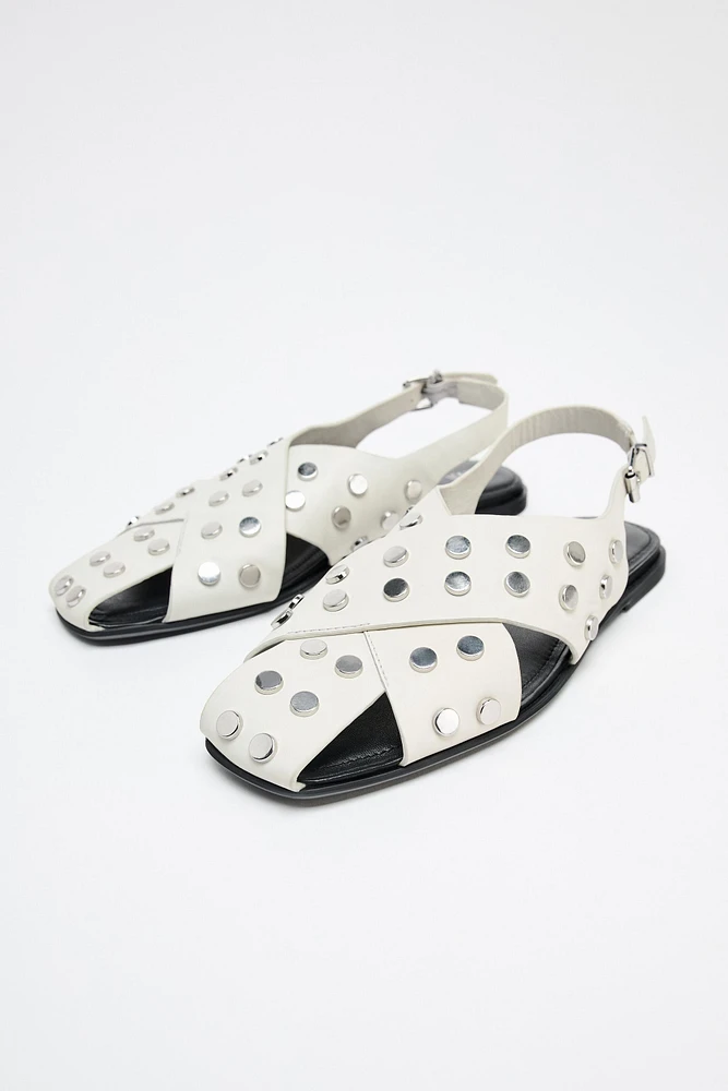 FLAT STUDDED LEATHER CAGE SANDALS