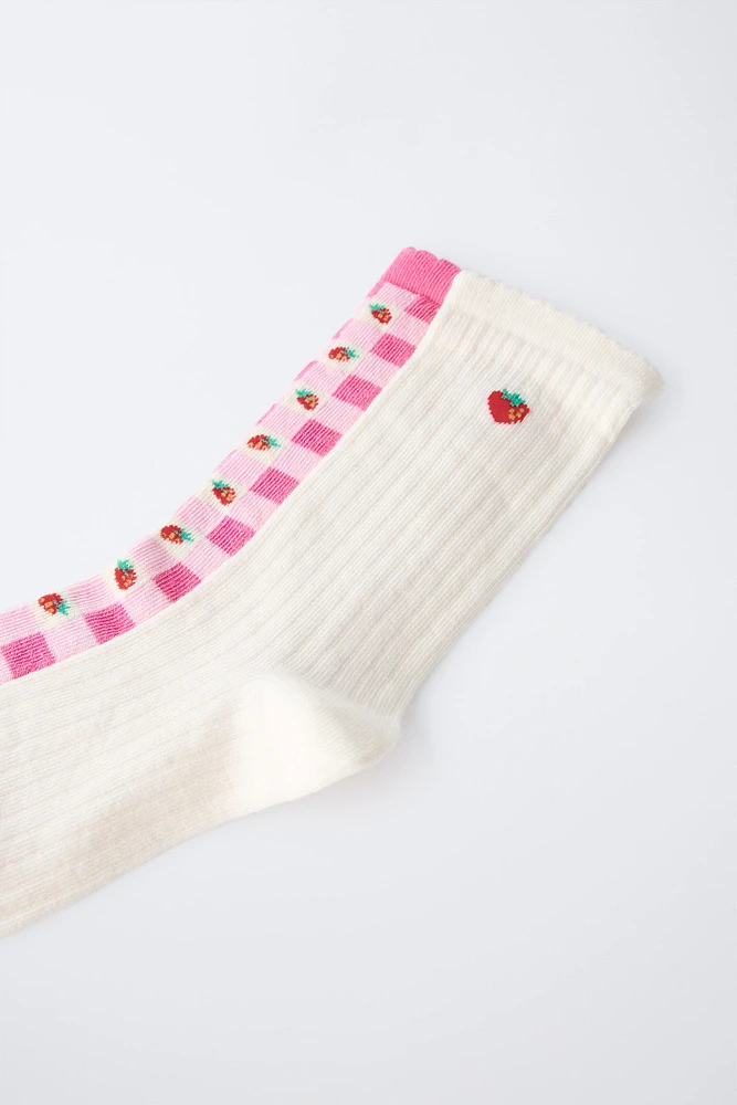 LOT DE DEUX PAIRES CHAUSSETTES VICHY FRAISE