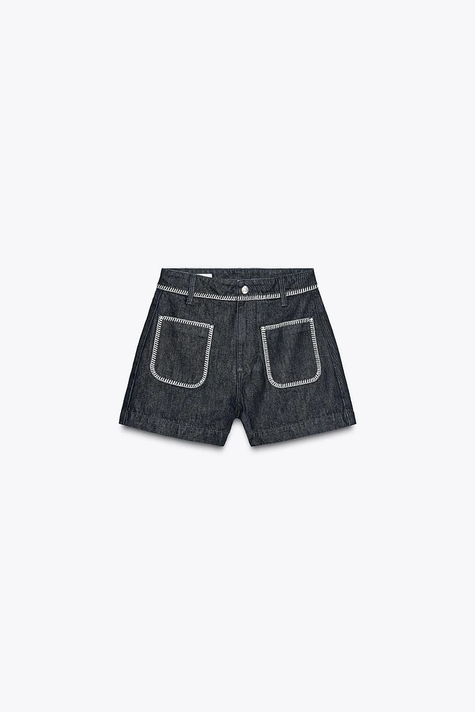 SHORT Z1975 EN JEAN AVEC SURPIQÛRES ET BRODERIES