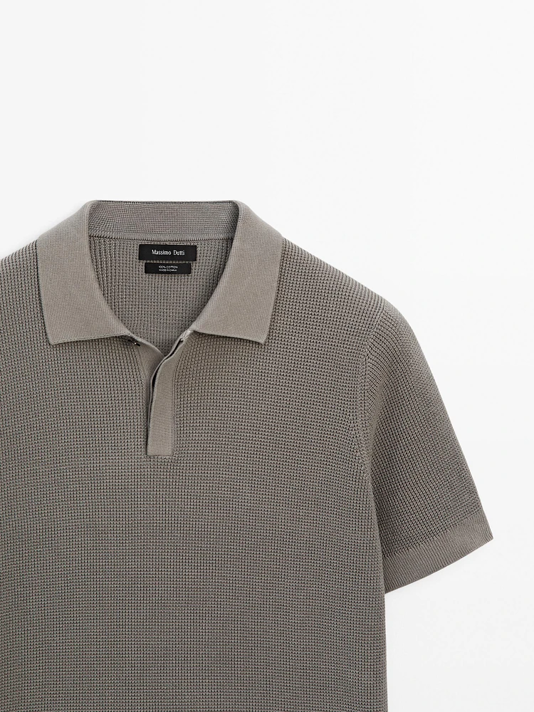Textured cotton knit polo shirt