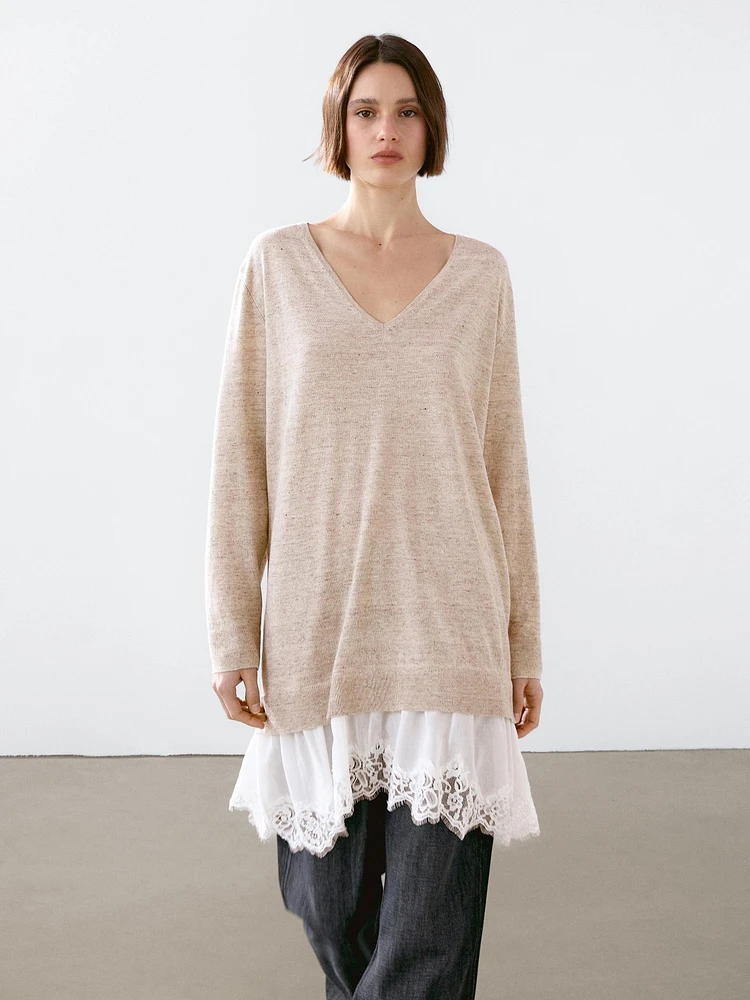 Linen blend dress with lace trim