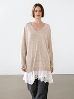 Linen blend dress with lace trim