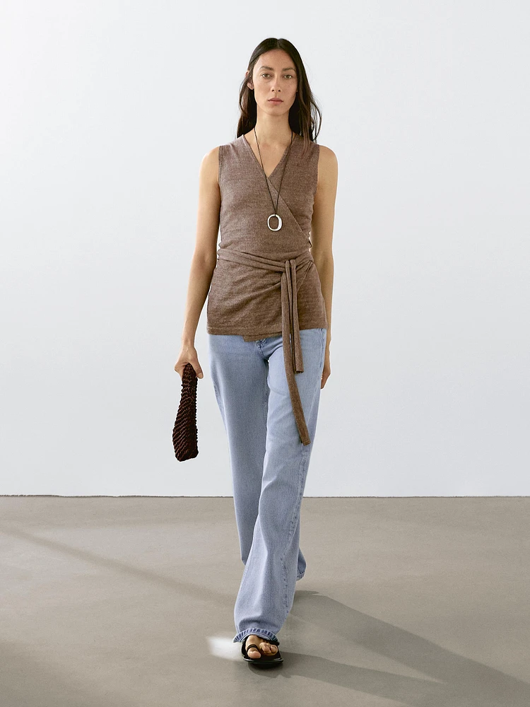 Linen blend knit crossover top
