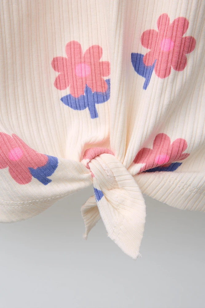 RIBBED PRINTED KNOT T-SHIRT