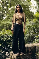 LINEN BLEND BLOUSE WITH RUFFLE SLEEVES