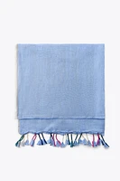 STRIPED LINEN SCARF WITH POM POMS