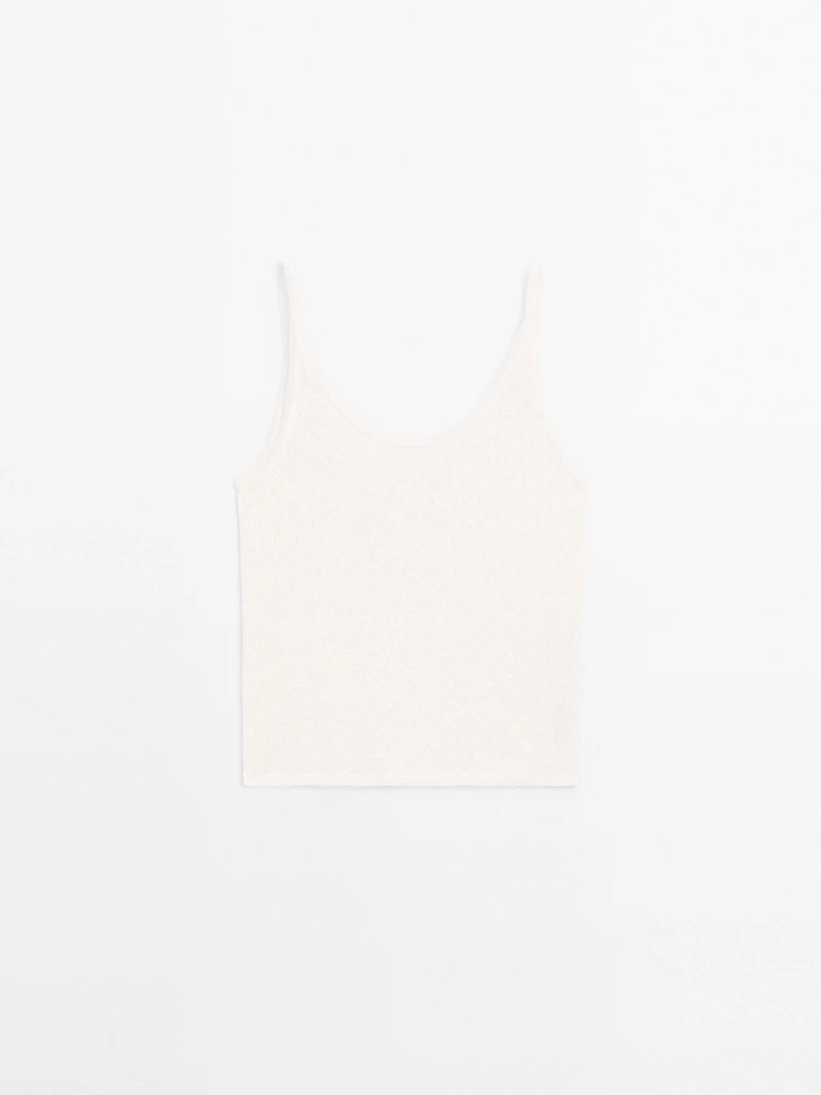Openwork strappy linen blend top