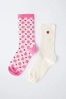 LOT DE DEUX PAIRES CHAUSSETTES VICHY FRAISE