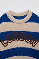 EMBROIDERED TEXT STRIPED KNIT SWEATER