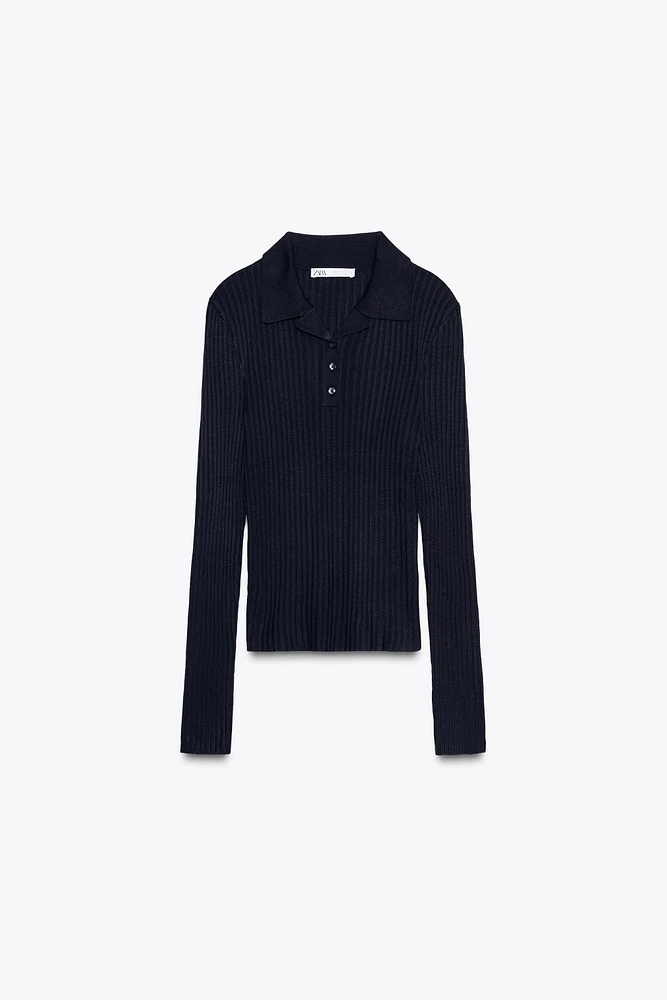 RIBBED KNIT POLO SWEATER