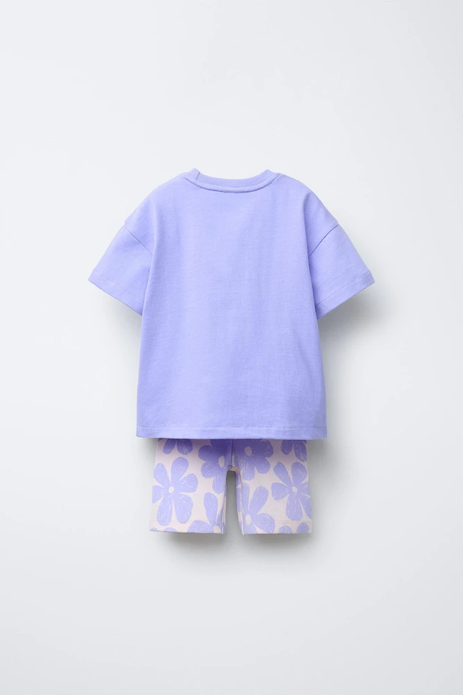 PLAIN T-SHIRT AND PRINTED BIKE SHORTS SET