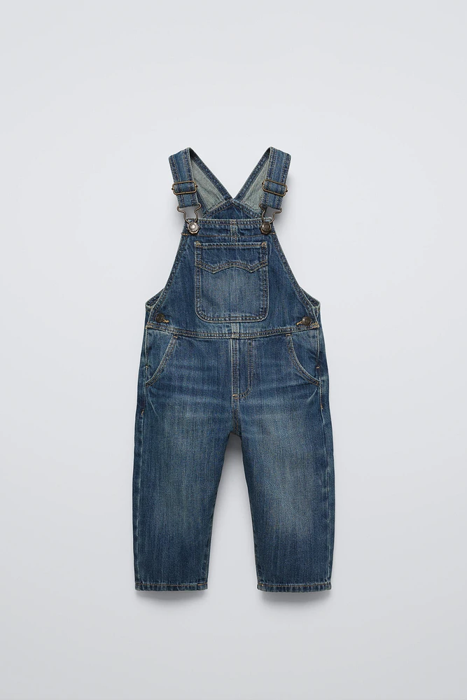 DISTRESSED EFFECT DENIM OVERALLS