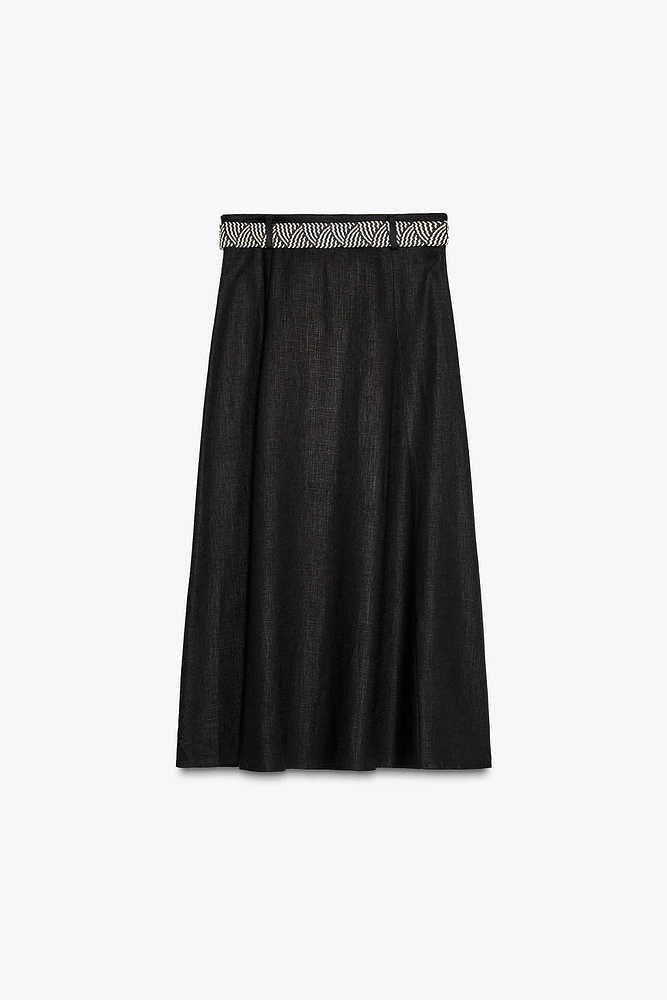 JUPE MIDI AVEC CEINTURE EN LIN
