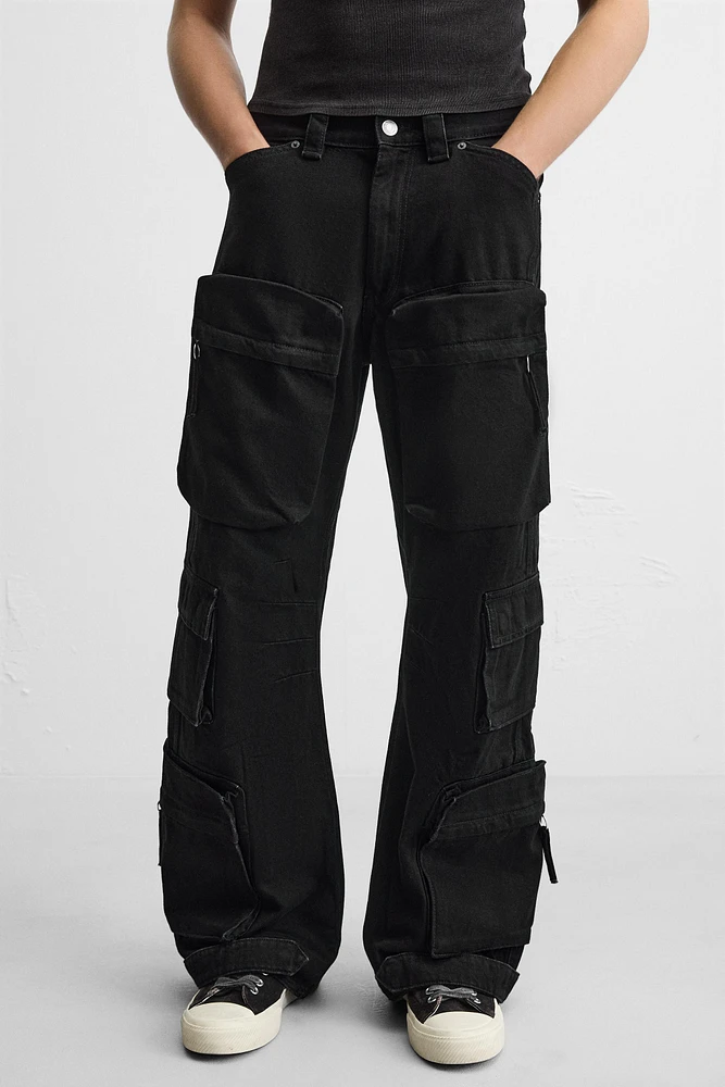 DENIM CARGO PANTS WITH POCKETS