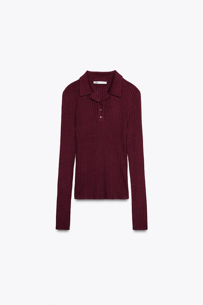 RIBBED KNIT POLO SWEATER