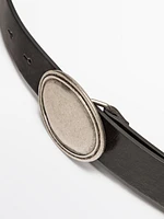 Leather belt with oval plate buckle