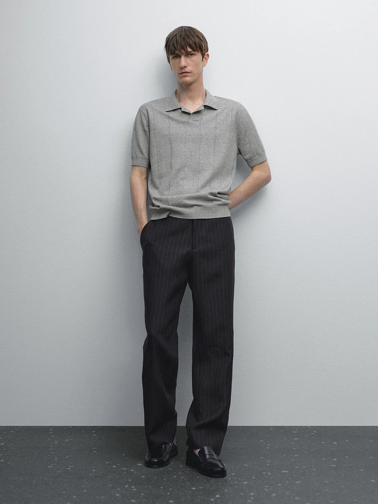 Striped linen blend knit polo shirt