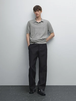 Striped linen blend knit polo shirt