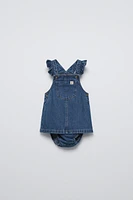 DENIM PINAFORE DRESS AND BOTTOMS