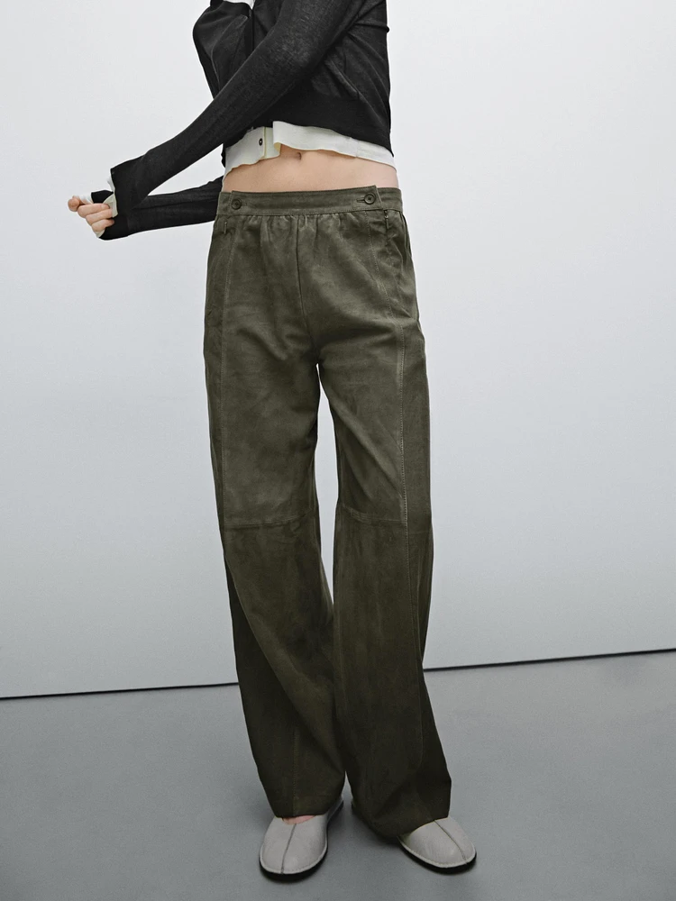 Suede leather trousers with linen detail