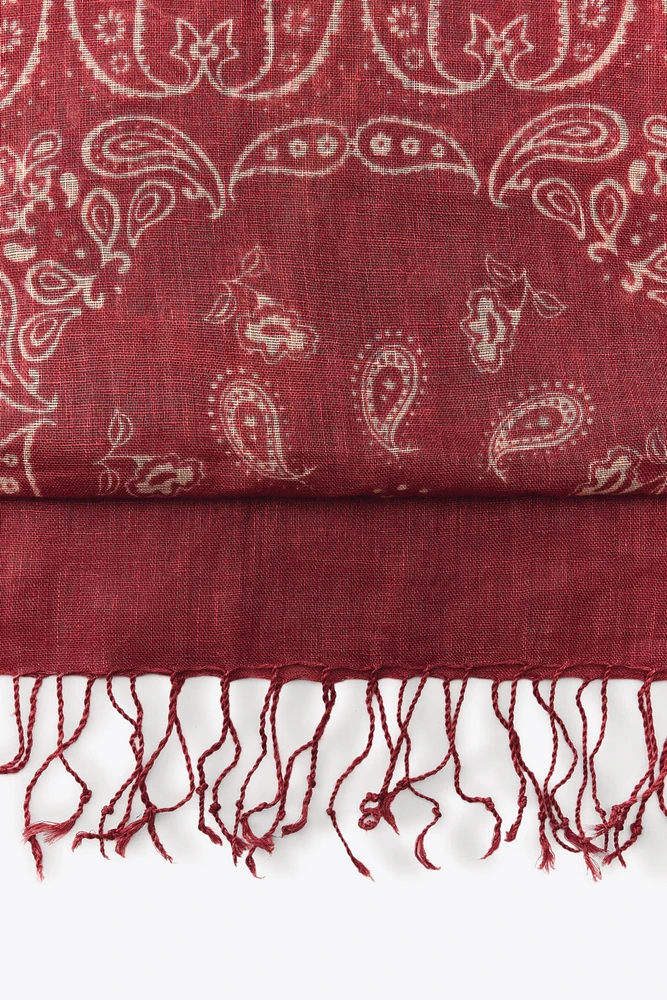 100% LINEN PRINTED FRINGED SCARF