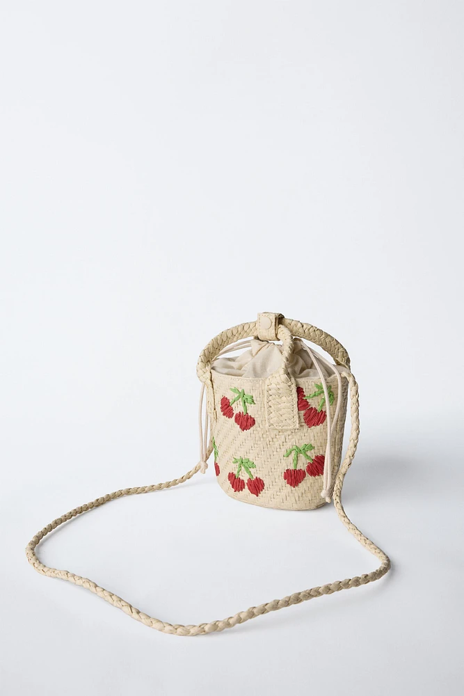 CHERRY PRINT MINI RAFFIA CROSSBODY BAG