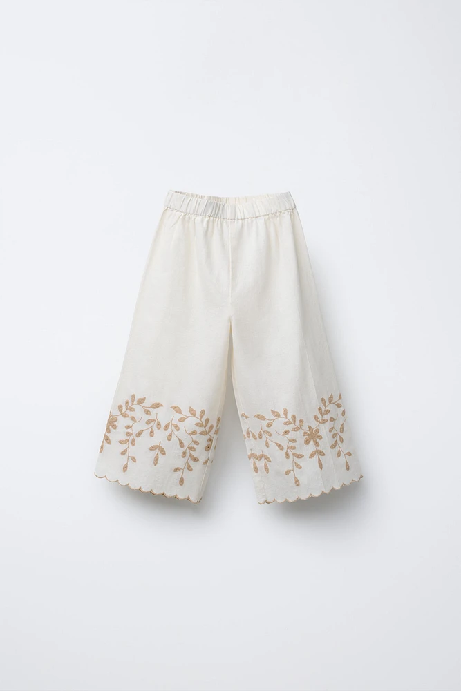 EMBROIDERED LINEN CULOTTE PANTS