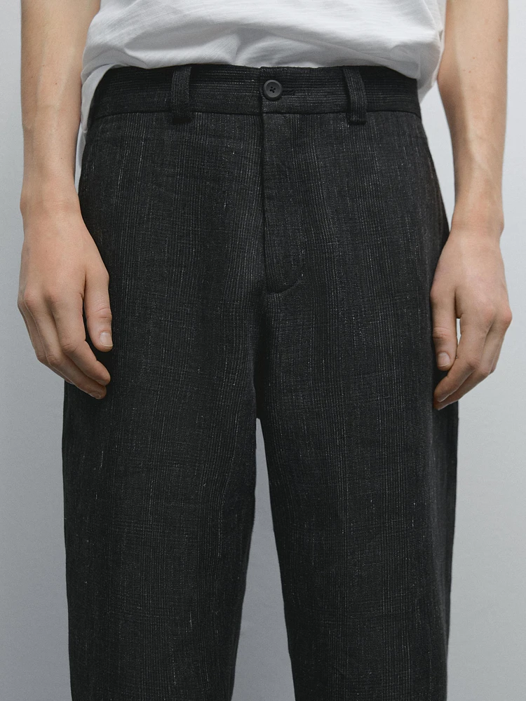 100% linen trousers with check detail