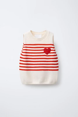 HEART PATCH STRIPE KNIT TOP