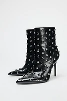 METAL APPLIQUÉ STILETTO HEELED ANKLE BOOTS