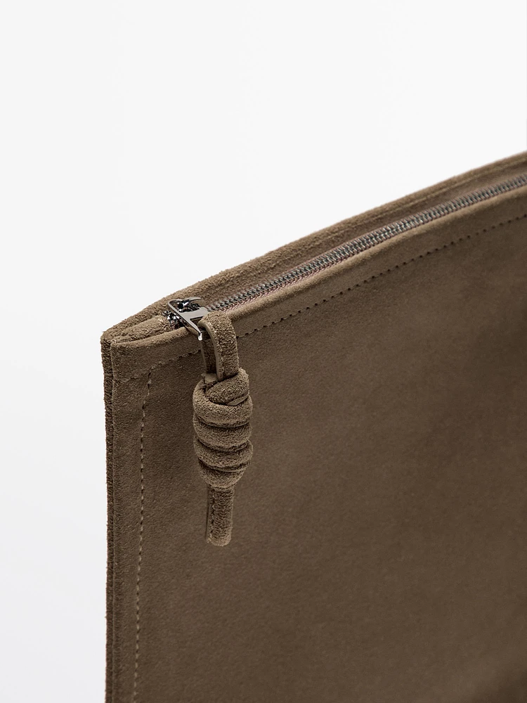 Small split suede leather pouch bag with knot