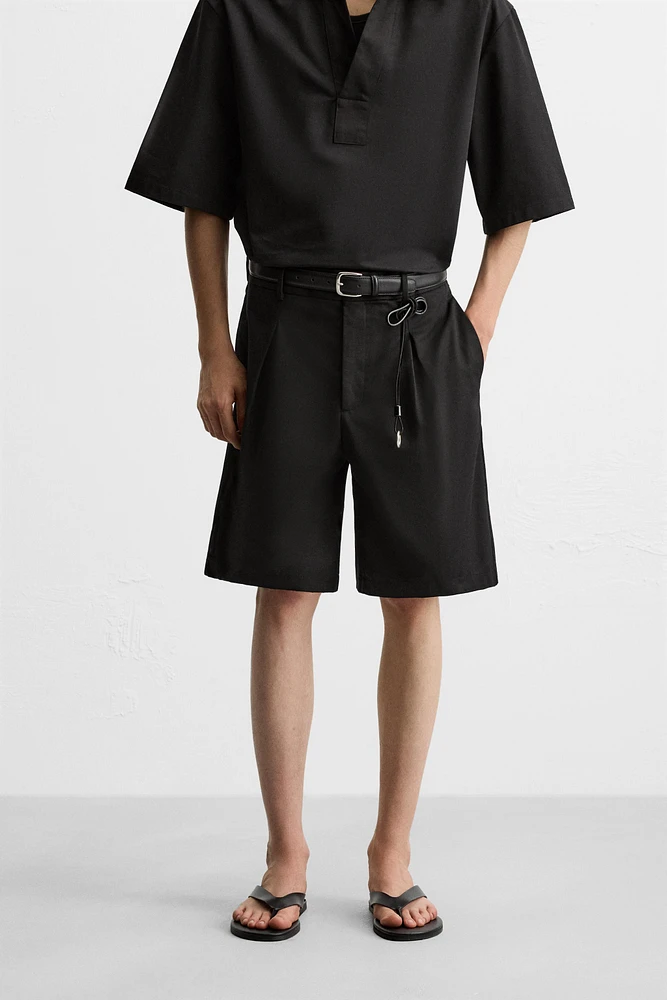 PLEATED COTTON LINEN SHORTS