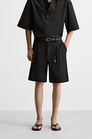 PLEATED COTTON LINEN SHORTS