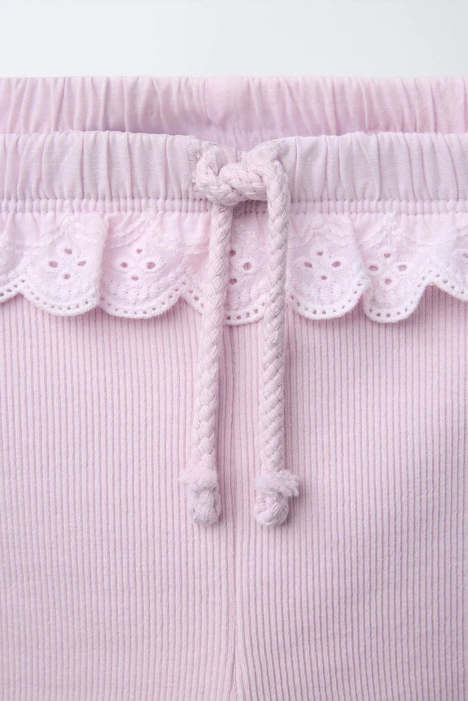 SWISS EMBROIDERED RUFFLE RIBBED LEGGINGS