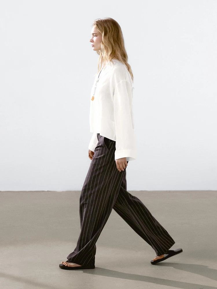 100% linen open stand collar shirt