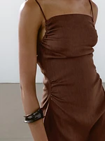 Robe midi froncée en lin mélangé
